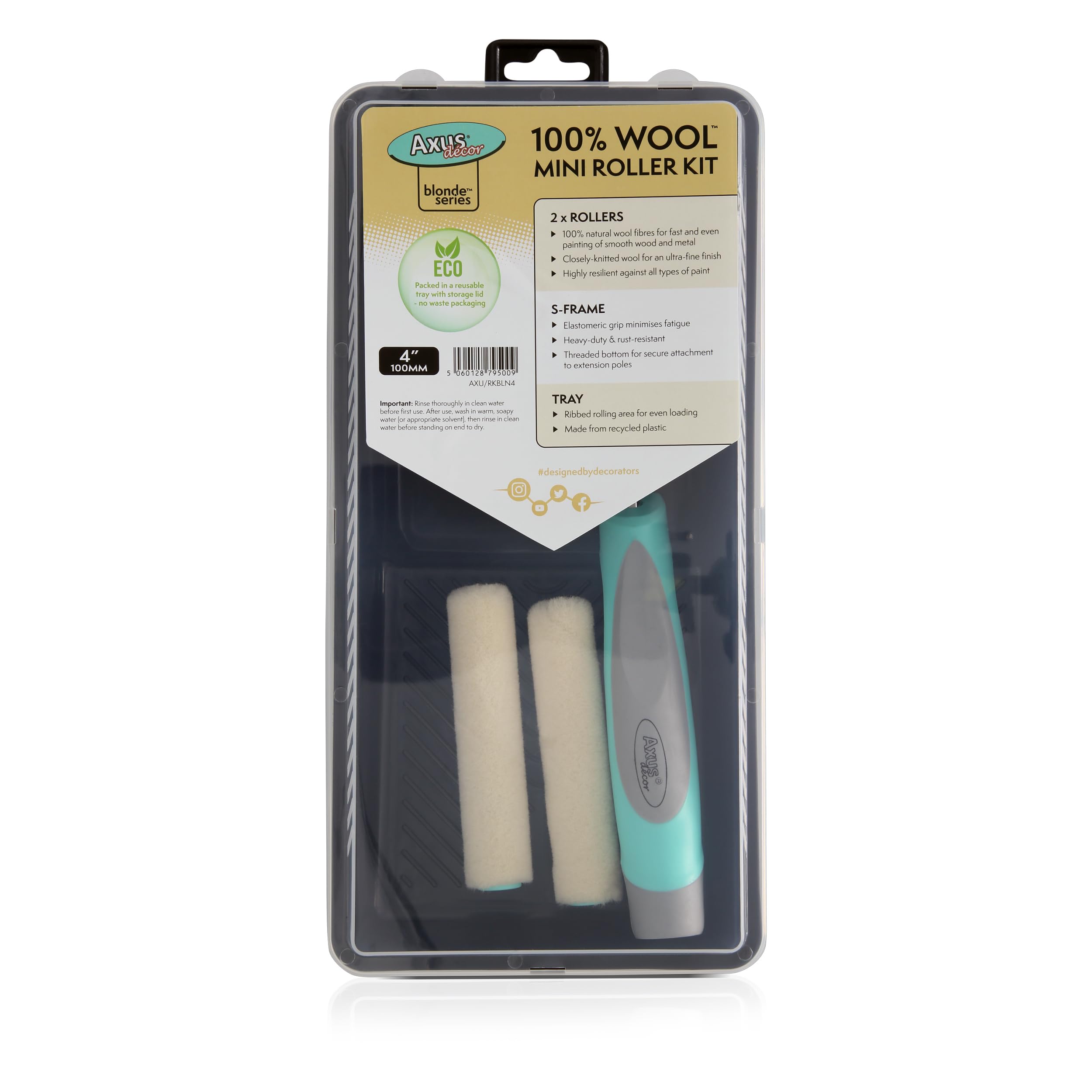 Axus Decor 100% Wool 5PC Roller Kit (Blonde Series) Paint Rollers Sleeves (2 Pcs), with Paint Tray & Frame, Mini Roller Sleeves for Smooth Painting, Metal Surface, for Professional & DIY - 4"/100mm