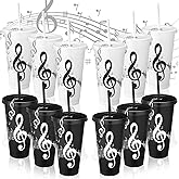 Skylety 12 Sets Music Themed Gifts Musical Tumbler Cups Bulk 24 oz Reusable Musical Note Plastic Tumbler with Straw and Lid Keychain Gifts for Music Lover Party Favor (Black,White)