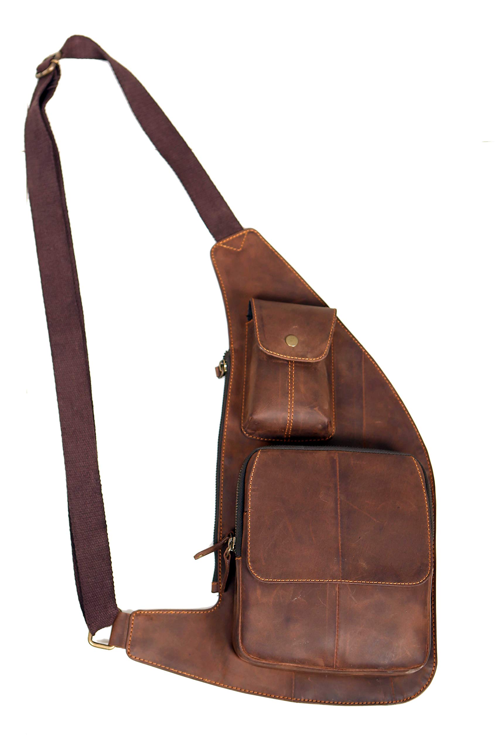 Mens Brown Chest Bag | Genuine Leather Crazy Horse Crossbody Shoulder Sling Bag | For Messengers | Business Casual Use | Sport Hiking and Travel Accessory