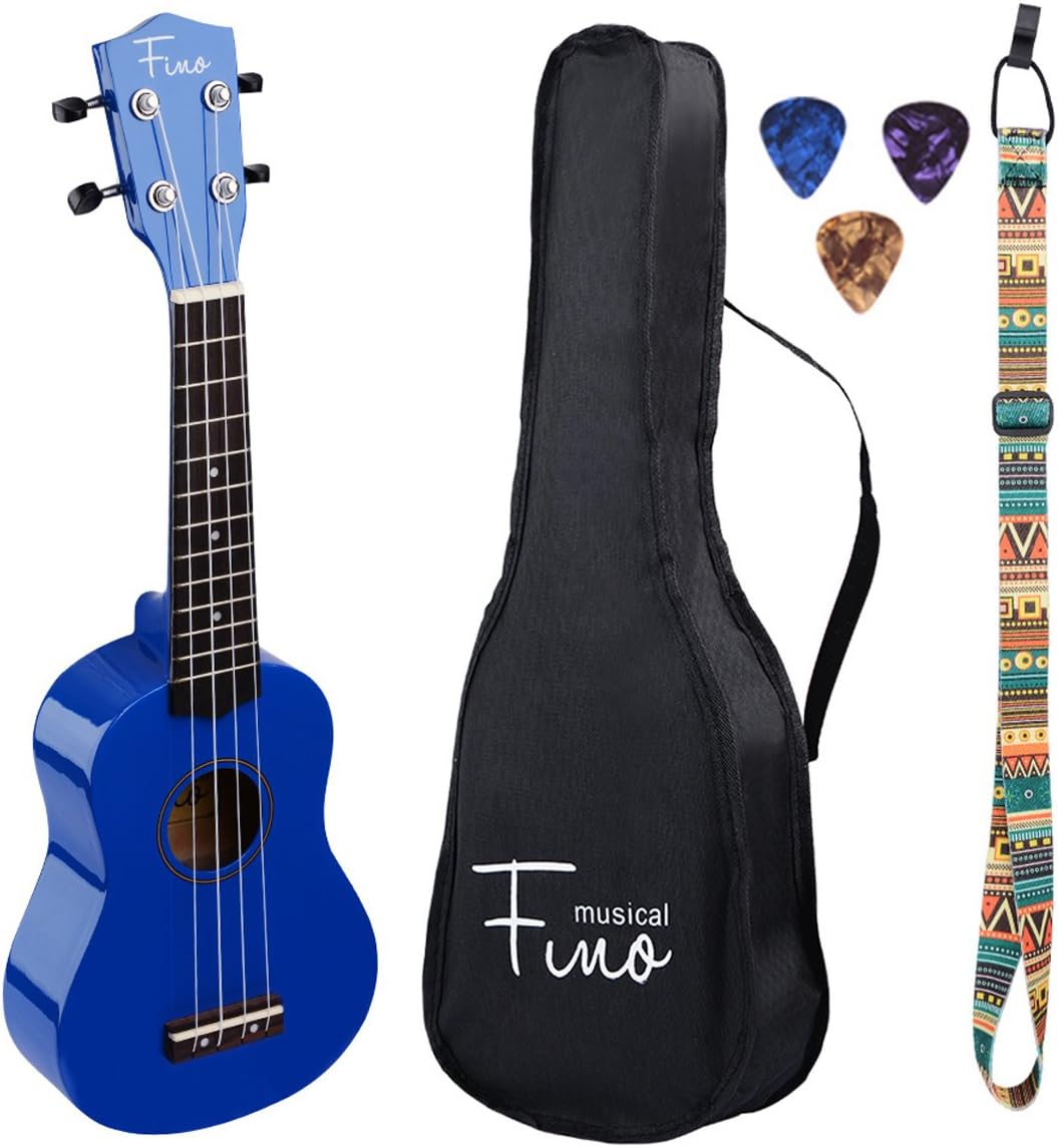 FINO Beginner Ukulele 21 Inch Soprano Ukelele for Kids Four String Wood Children Ukulele with Gig Bag (Blue)