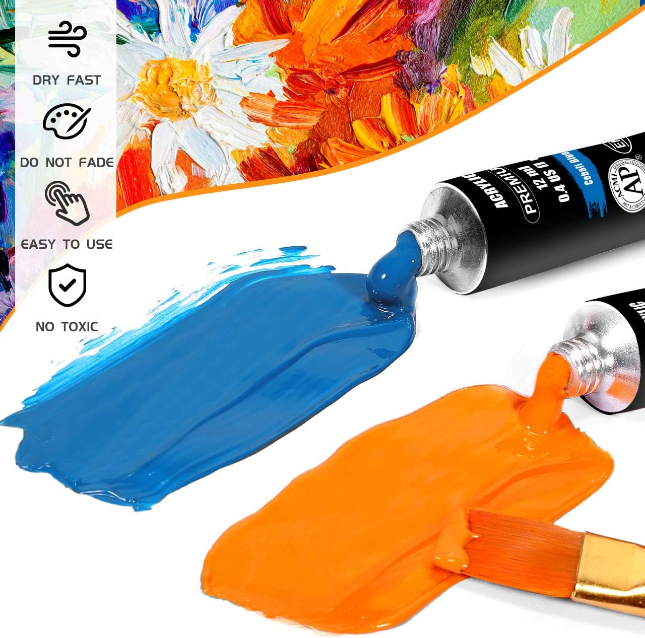 Acrylic Paint Set, Emooqi 24(12ml/0.4oz) Rich Pigment Colors, with 11 Art Brushes, Paint Palette & Painting Canvas - Quick Dry Paints for Hobby Painters & Kids, Canvas Wood Rock Ceramic Paint