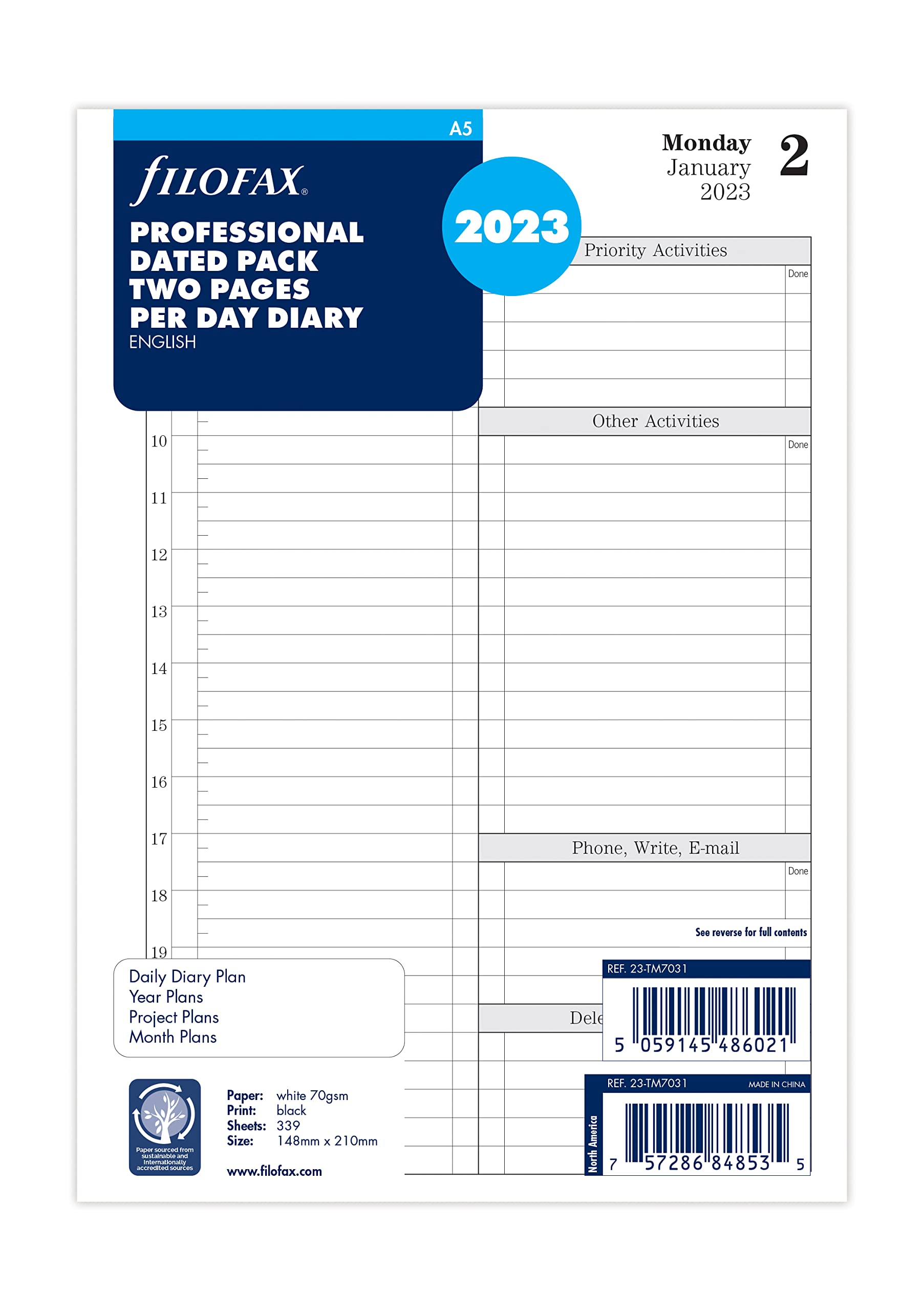 Filofax A5 Day to View English Diary - 2023