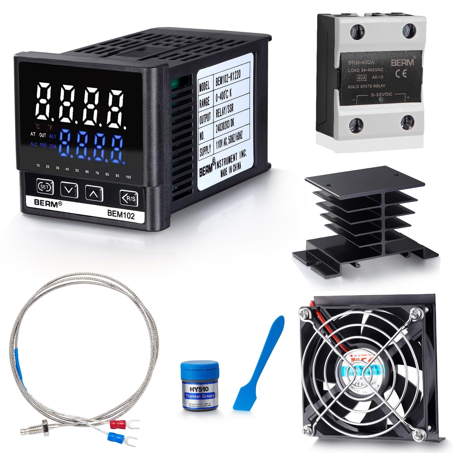 Photo 1 of VIGELA BERM-Series100~240VAC PID Temperature Controller Kit Equipped with K-Type Thermocouple,Solid State Relay(40DA DC to AC) Heat Sink, Cooling Fan with Bracket and Protective Grille Thermal Grease