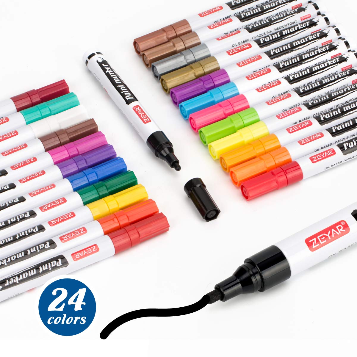 ZEYAR Oil-Based Paint Markers for Rock Painting, Medium Point, Waterproof & Permanent Ink, 24 Colors, Oil-Based, Expert of Rock, Wood, Fabric, Plastic, Canvas, Glass, Mugs and more