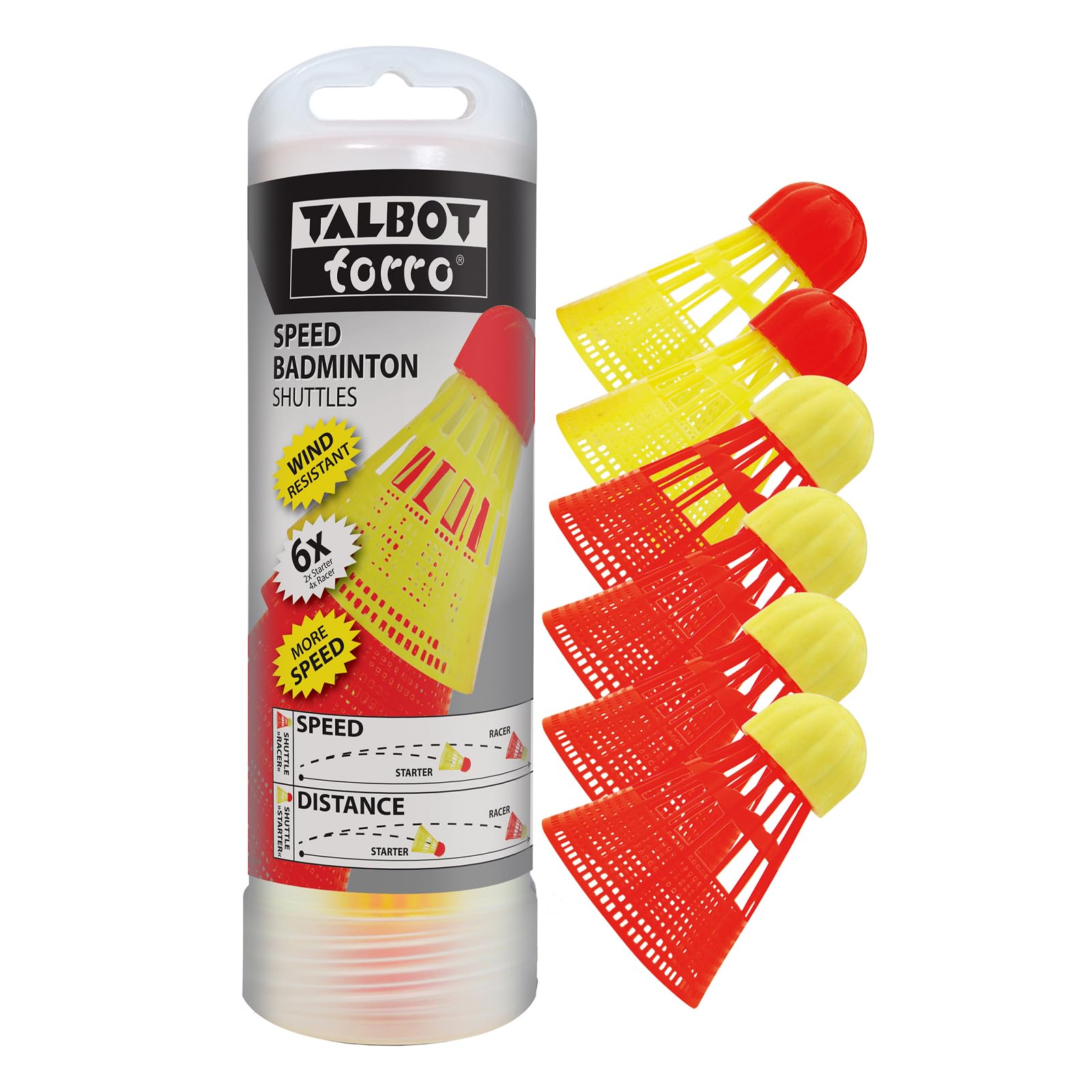 Talbot Torro Speed Badminton Aerospeed Shuttlecocks, 6 Units (4 Fast - Racers and 2 Slow - Starters), 490180, Multi-Colour, S