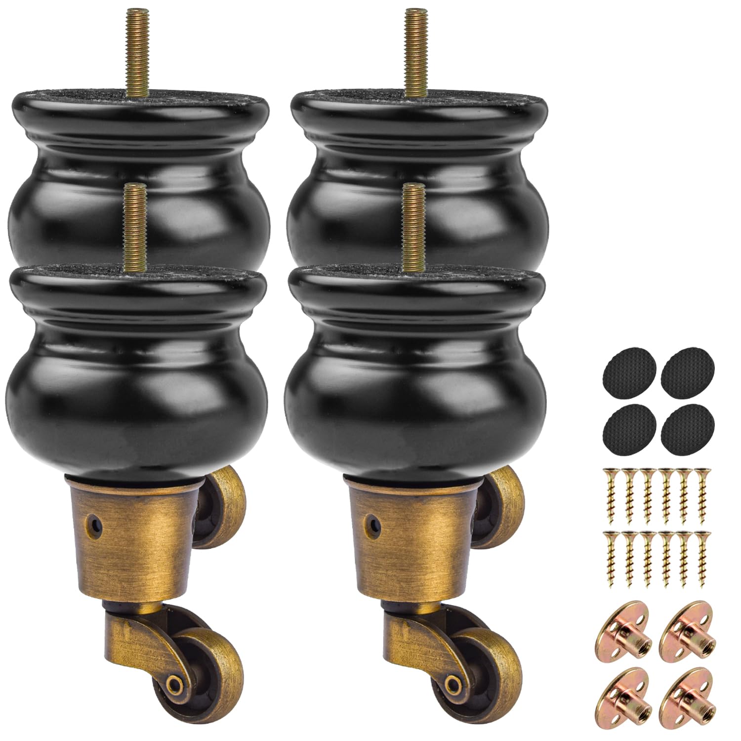 La Vane 5 inch Wooden Furniture Legs with Castor, 4PCS Soild Wood Black Turned Replacement Bun Feet with Pre-Drilled M8 Inch Bolt & Mounting Plate for Armchair Ottoman Recliner Chair Footstool