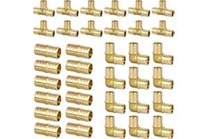 JUWO 36 Pack 1/2" Pex Fittings Set, 12 Pcs Each Elbow, Tee and Coupling, NSF & UPC Certified, Heavy Duty Brass Crimp Fittings for Pex Pipes