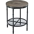VINGLI Wood Round End Table, 20" Industrial Walnut End Table Sofa Side Table Small Circle Table for Living Room, Rustic Farmhouse Wooden End Table with Metal Mesh for Room Corner, Living Room, Bedroom