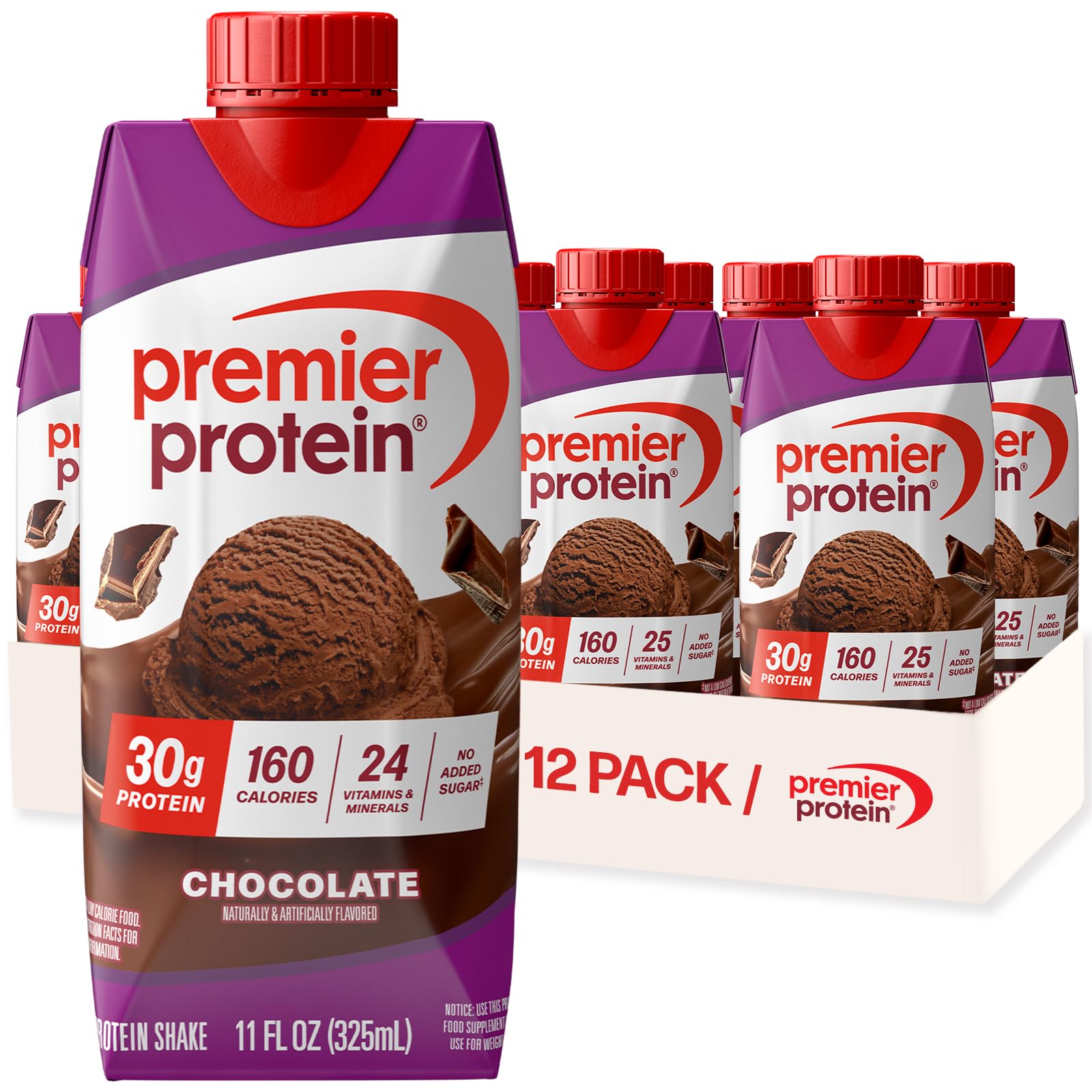 Premier Protein 30g High Protein Shake, Chocolate, 12 Pack | 160 Calories, 24 Vitamins & Minerals, No Added Sugar, Supports M