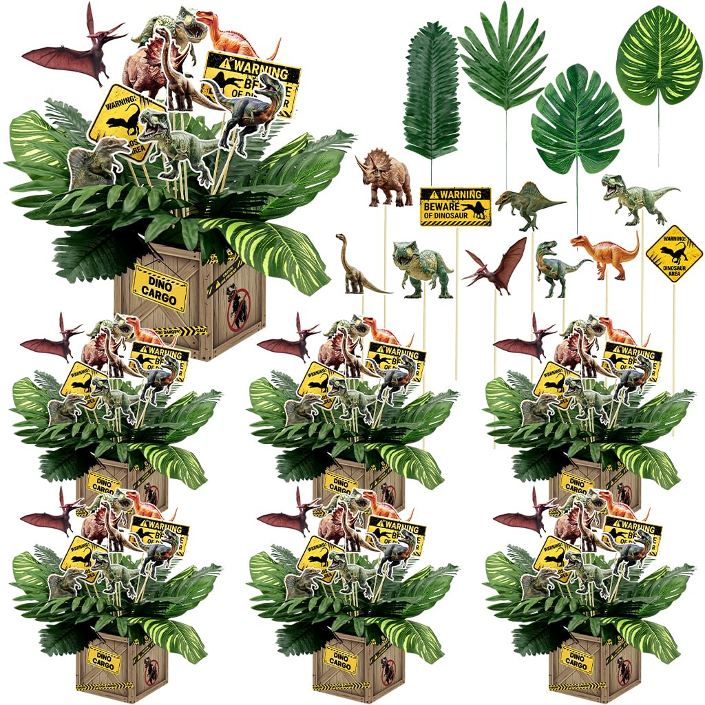 6 Set Dinosaur Party Table Centerpiece Decorations Include Dino Theme Boxes, Dinosaur Centerpieces Sticks, Palm Leaves Artificial for Dino Birthday Party Supplies Baby Shower Decorations