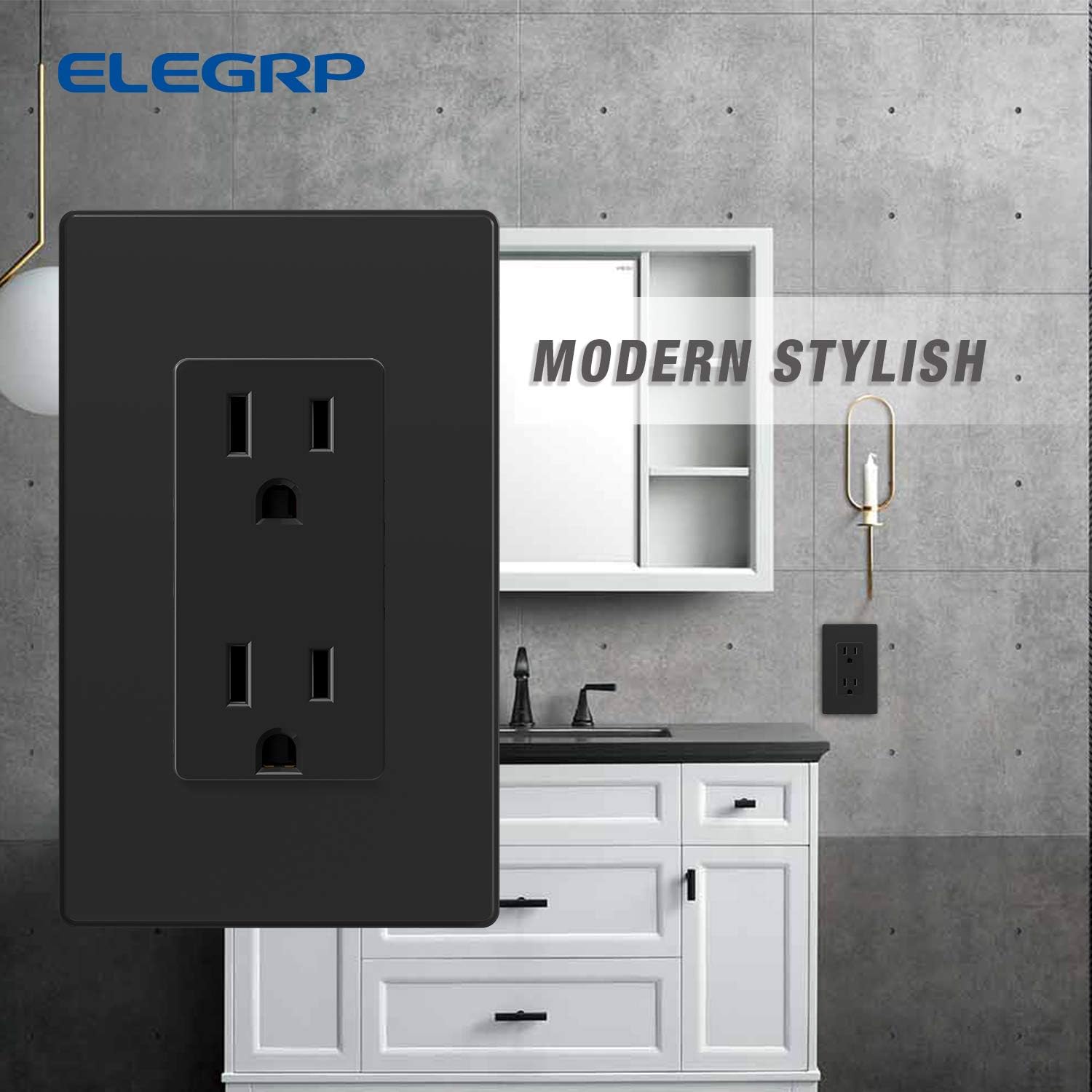 ELEGRP Decorator Receptacle, 15A 125V Standard Electrical Wall Outlet, 2 Pole 3 Wire, NEMA 5-15R, Self-Grounding Residential Grade Straight Blade Decorative Duplex Outlet, UL (Glossy Black, 10 Pack) - - 