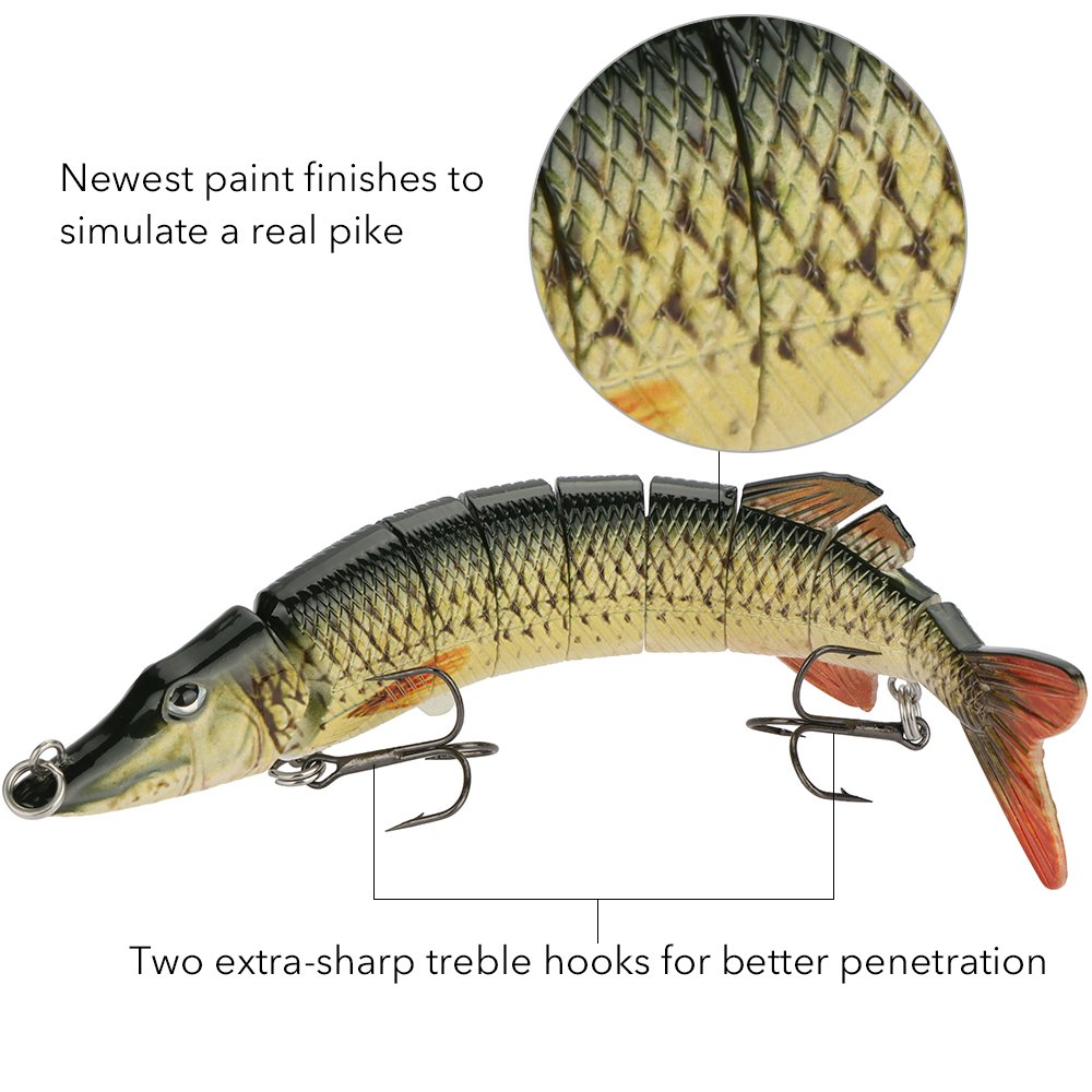 Goture Pike Muskie Multi Jointed Hard Fishing Lure Swimbaits Life-like Baits 8 Segments with Black Treble Hooks for Freshwater Saltwater Fishing (8\'\', 2.36oz)