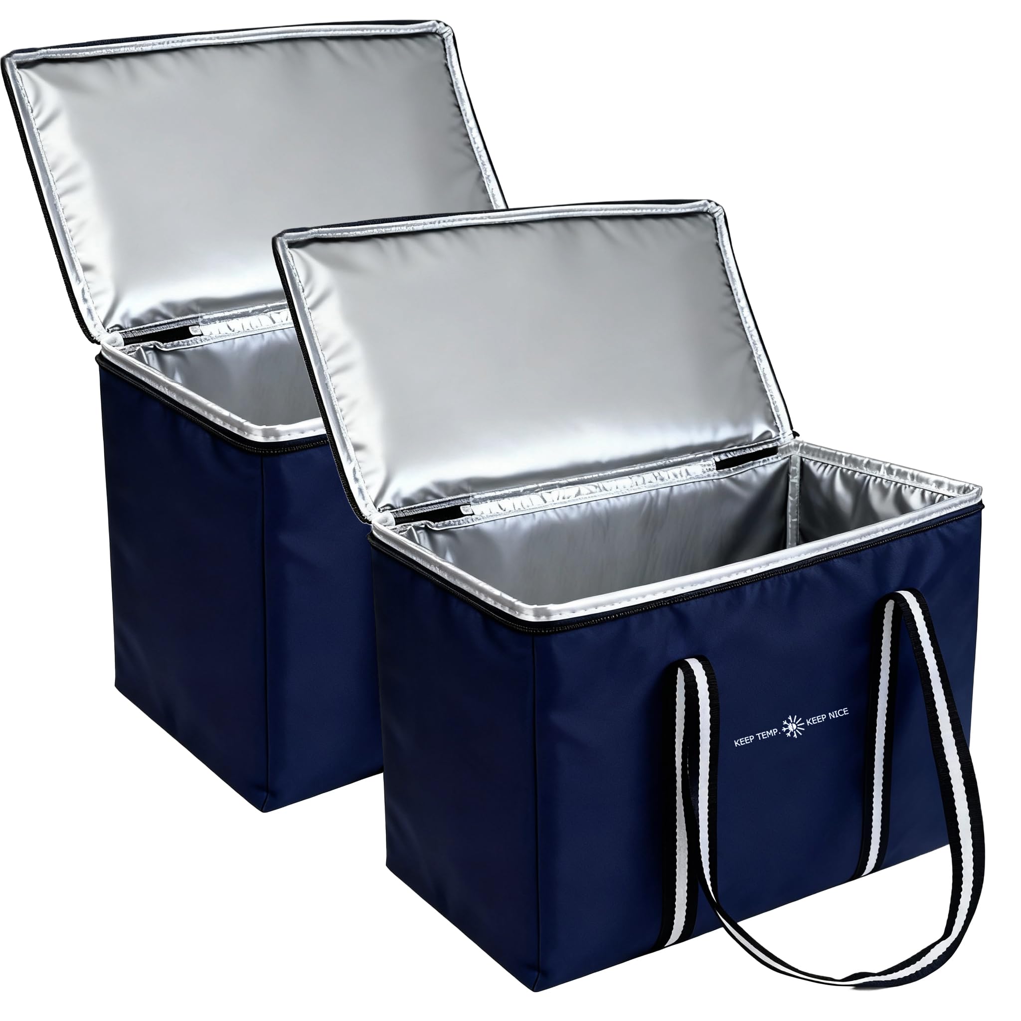 Photo 1 of 2-Pack Insulated Food Delivery Bag, Large Durable Reusable Shopping Grocery Bag with Zipper – Foldable Thermal Cooler Bag for Hot & Cold Food, Pizza Delivery & Catering-Navy Blue
