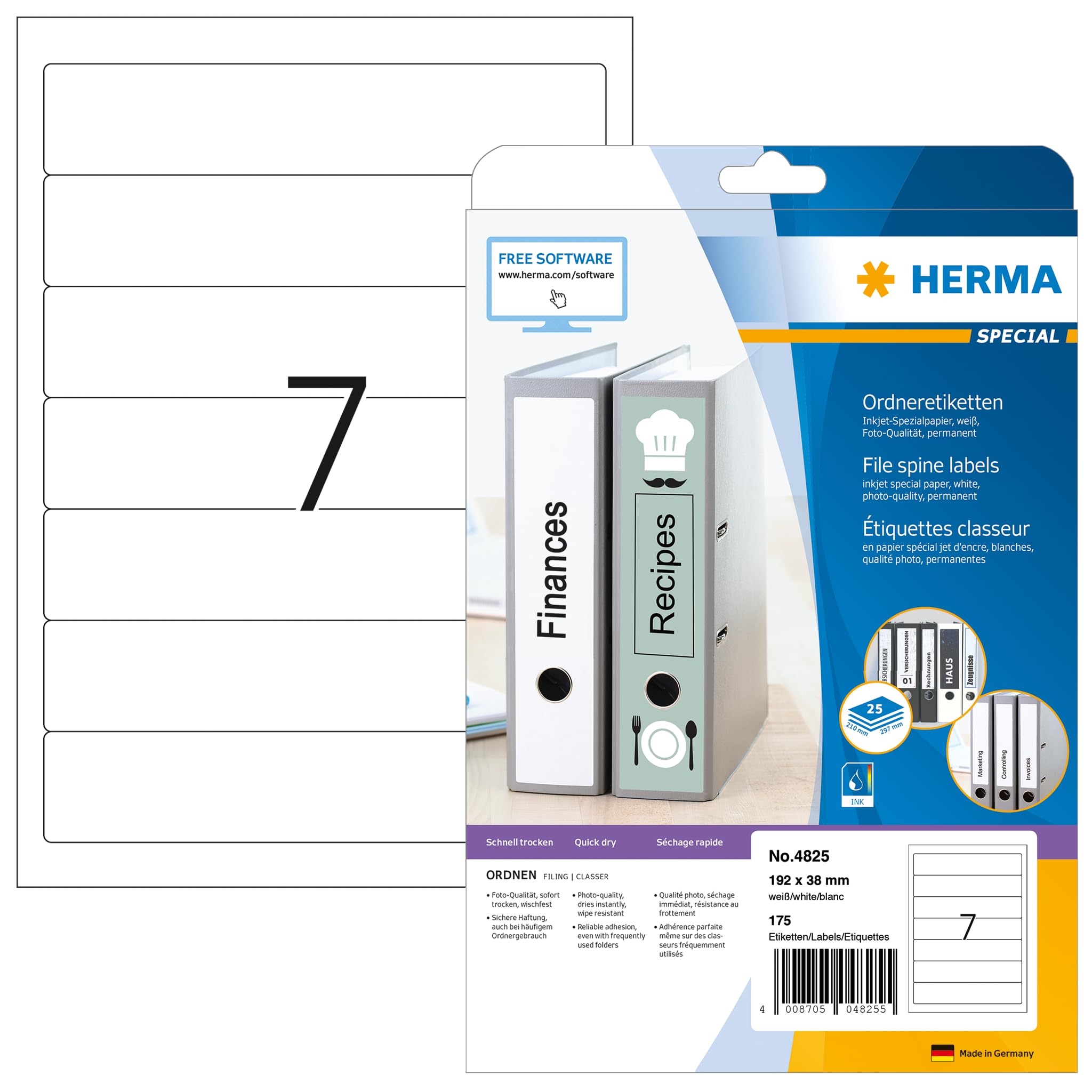 HERMA Self Adhesive Spine Labels, 7 Labels per A4 Sheet, 25 Sheets, 192 x 38 mm, 175 Labels, Blank Lever Arch File Folder Labels Stickers, Sticky Labels for Laser & Inkjet Printer, White