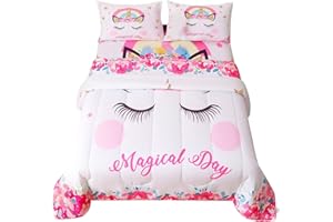 Namoxpa Cute Flower Unicorn Kids Bedding White Pink Golden Ears Unicorn 3 Pieces Bedding Comforter Sets Gifts for Teens and Girls,Queen Size