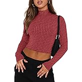 VICHYIE Womens Fall Mock Neck Shirts Cropped Thin Sweater Long Sleeve Soft Fuzzy Pullover Jumper Tops