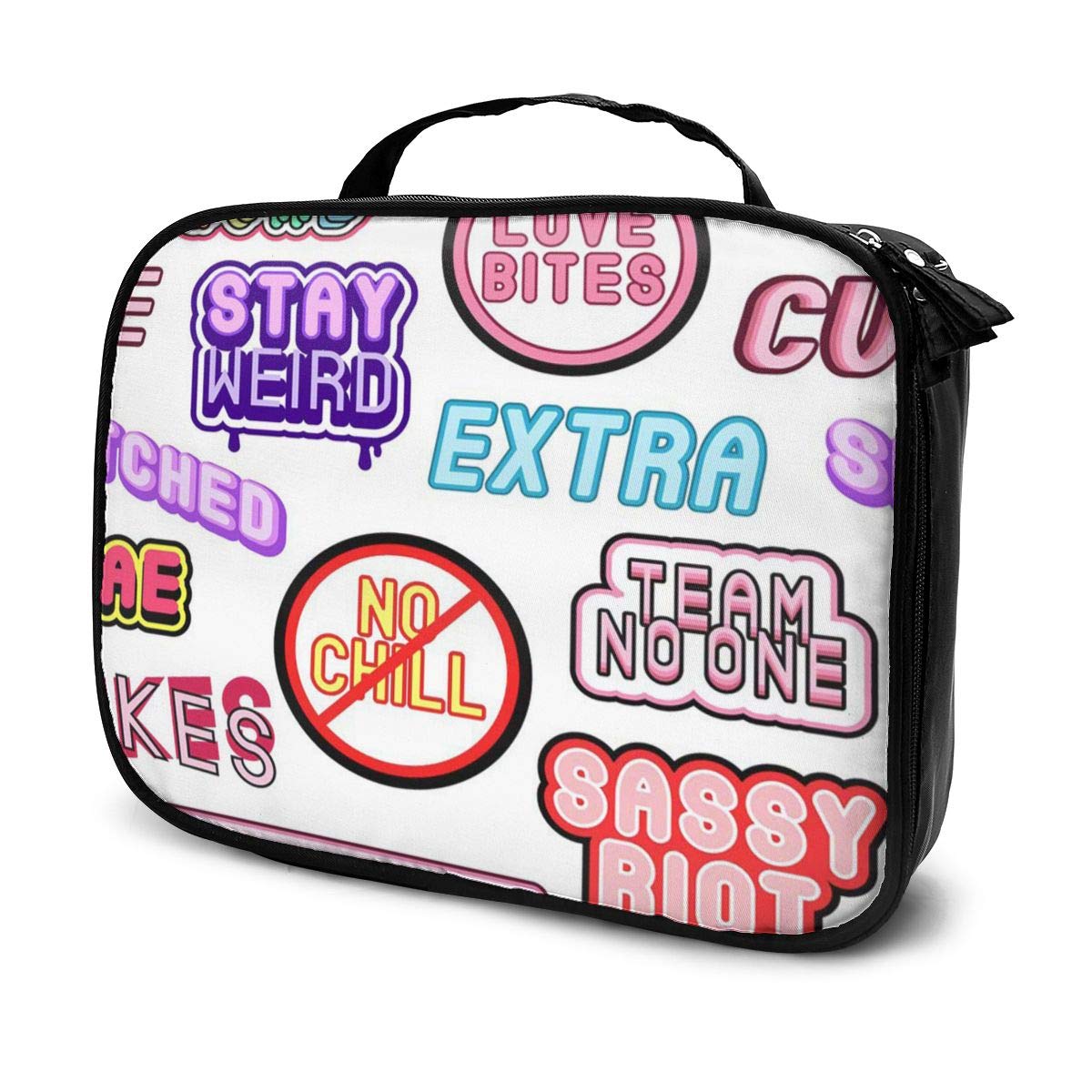 SZshenya Waterproof Cosmetic Bag With Handle， Portable Travel Cosmetics Bag For Women Rainbow Patches Stickers Badges Pins With Words Alpha Babe No Chill Sassy Riot Squad Slang Acronyms