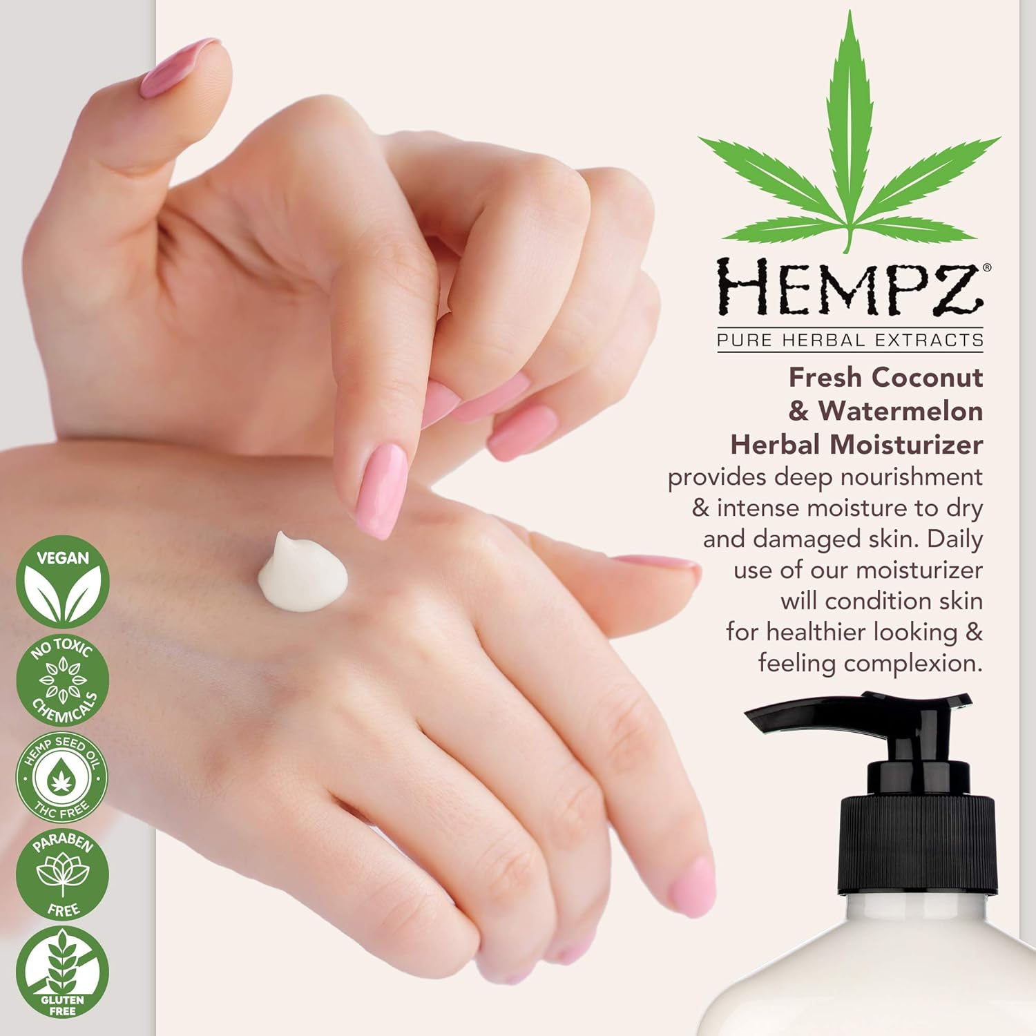 Hempz Fresh Coconut & Watermelon Moisturizing Skin Lotion, Natural Hemp Seed Herbal Body Moisturizer with Chamomile & Avocado Extracts, Vitamins  A, C, E & D, 17 oz: Beauty