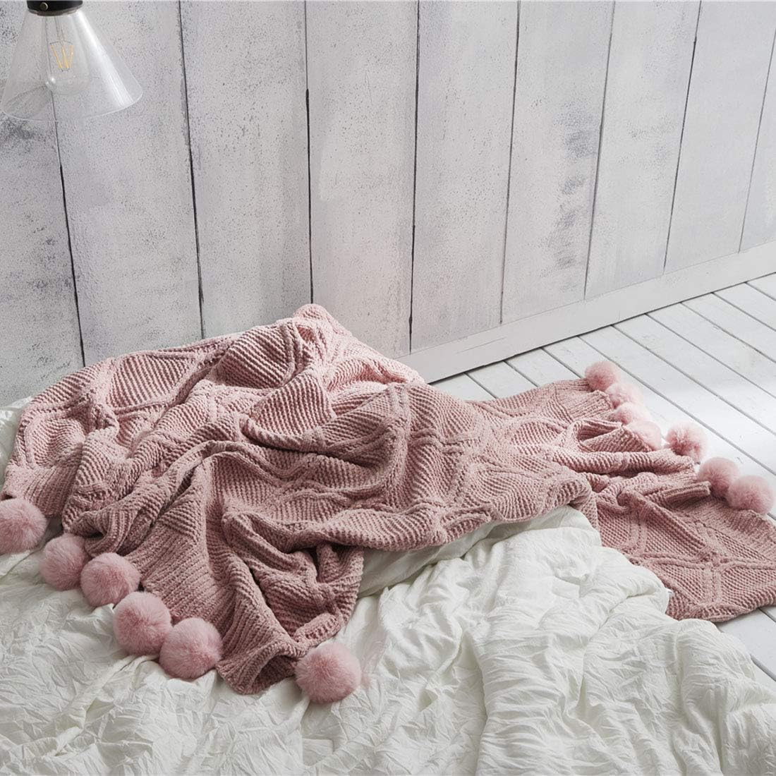 vctops Super Soft Pom Pom Throw Blanket Knit Throw Blankets with Pompom Fringe Warm Cozy Cable Knitted Blanket for Bed Sofa Chair Living Room (Pink,51"x63")