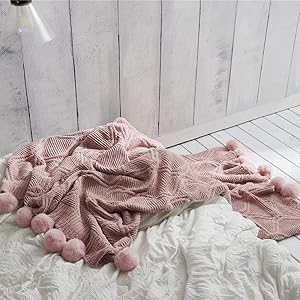 vctops Super Soft Pom Pom Throw Blanket Knit Throw Blankets with Pompom Fringe Warm Cozy Cable Knitted Blanket for Bed Sofa Chair Living Room (Pink,51"x63")