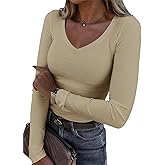 Roselux Womens Long Sleeve V Neck Ribbed Knit Fitted Casual Tops Tee Slim Basic Shirt