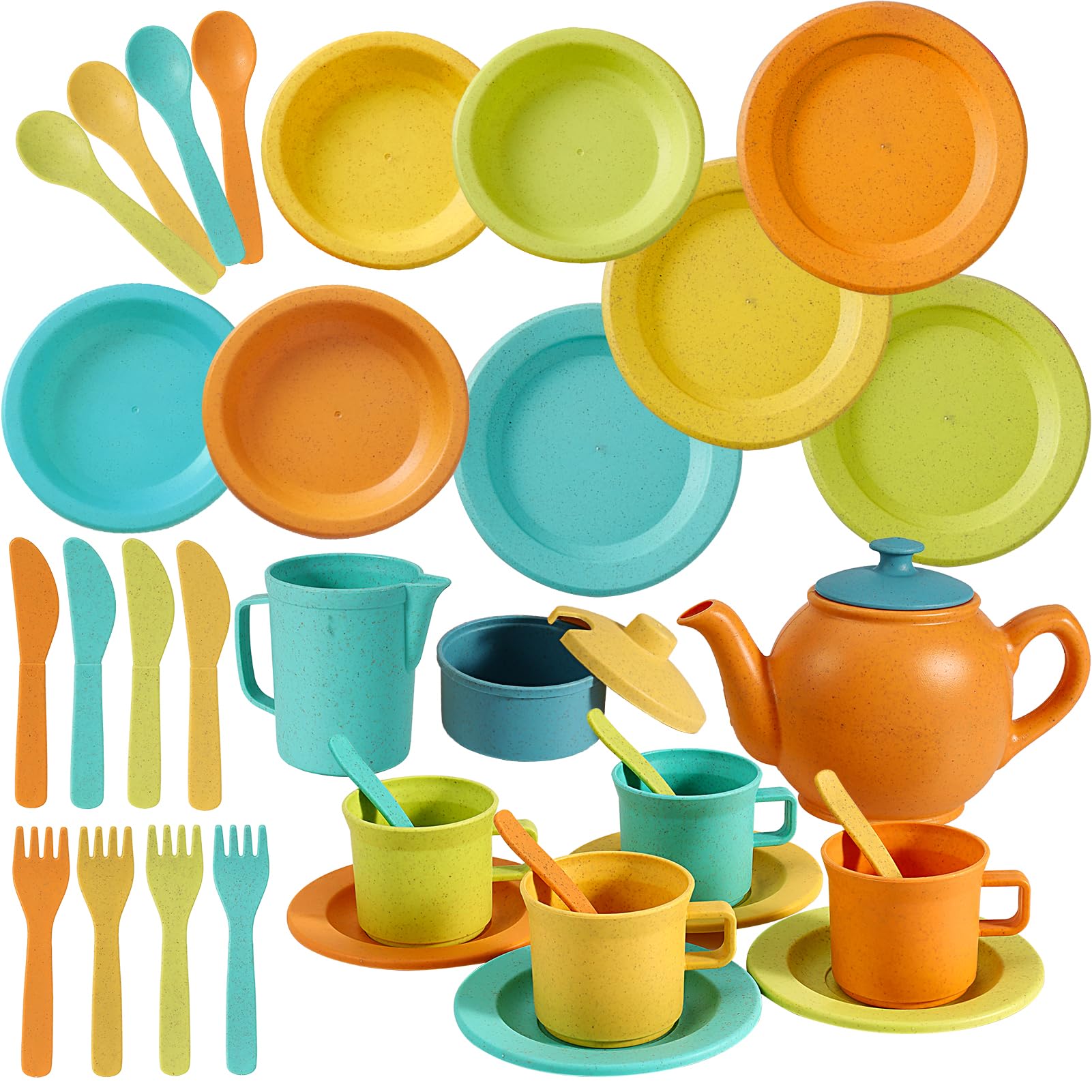 AOLEVA Kids Tea Set and Kitchen Accessories for Ages 3 4 5+ Years Olds, Plastic Pretend Role Play Kitchen Toy Tea Cups, Play Dish Plates Cutlery Dinner Set Gifts for Children Toddler Kids