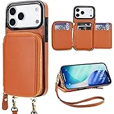 Bocasal RFID Blocking Wallet Case for iPhone 17 Pro Max, Adjustable Crossbody Zipper Purse Case Card Holder with Kickstand Detachable Wrist Strap, PU Leather Flip Folio Case 6.9 Inch 5G (Brown)