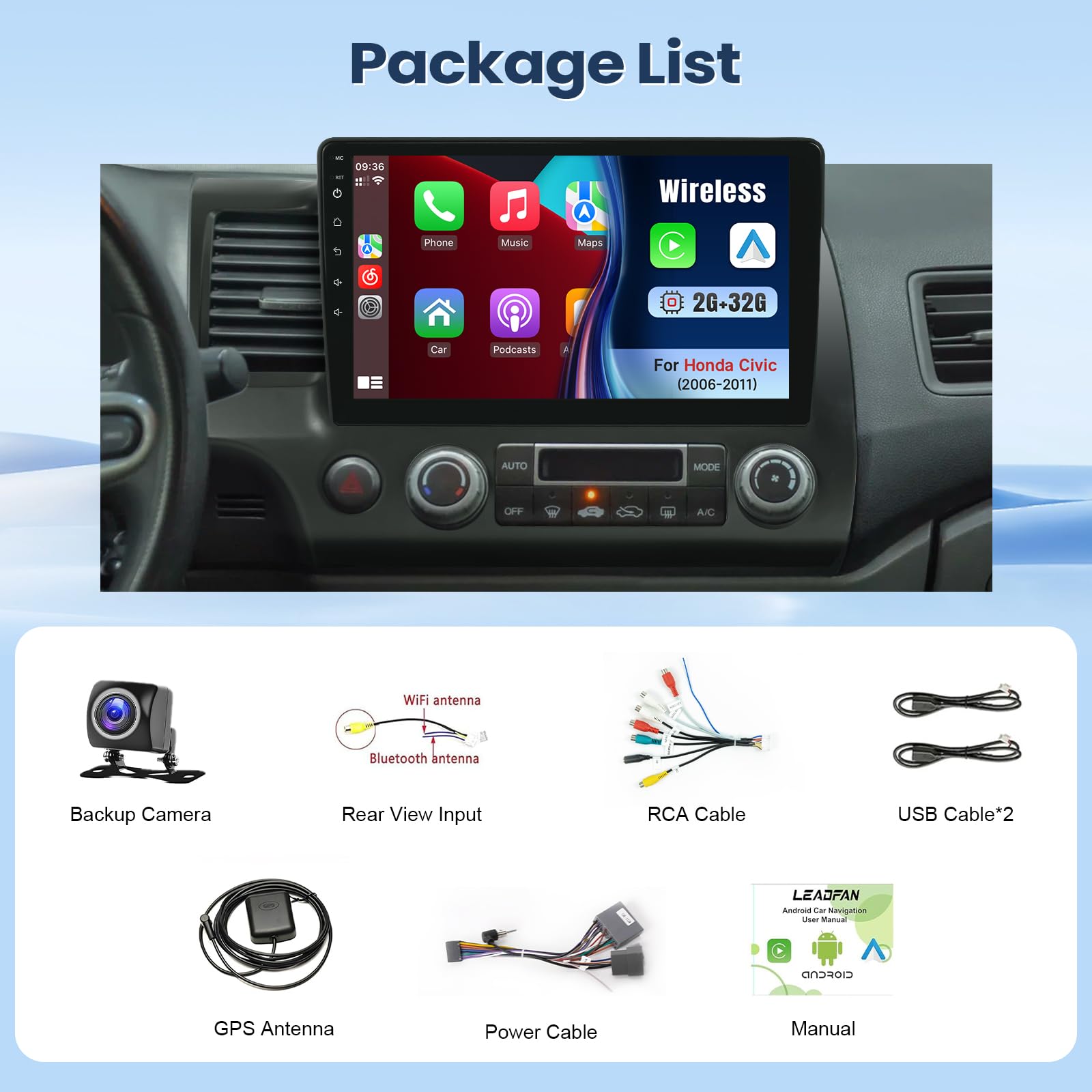 Leadfan Car Stereo Radio Support Wireless CarPlay & Android Auto for Honda Civic 2006 2007 2008 2009 2010 2011, 10.1 Inch IPS Touch Screen Bluetooth Car Stereo with GPS Navigation WiFi Rear Camera