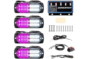 BooYu 4-pcs Sync Feature LED Emergency Strobe Lights Ultra Slim Grille Surface Mount Flashing Warning Hazard Light Bar w/Controller for Funeral Escort, Firefighter, Trucks, Vehicles (Purple/White)
