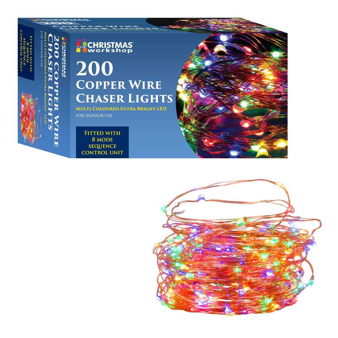 Christmas Workshop 200 LED Multi-Coloured Chaser lights ~ Indoor and Outdoor ~ Christmas, Weddings & Gardens ~ 8 Functions ~ 89590