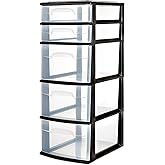 HOMZ Drawer Tower, 5-Tier Clear Plastic Storage Organizer Unit, Black Frame - Multi-Purpose Container Drawers for Bedroom, Bathroom, and Office Organization