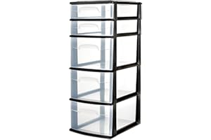 HOMZ Drawer Tower, 5-Tier Clear Plastic Storage Organizer Unit, Black Frame - Multi-Purpose Container Drawers for Bedroom, Bathroom, and Office Organization