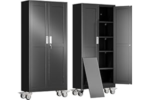 erosoei 71" H Metal Garage Storage Cabinet, Rolling Tool Cabinet with 2 Doors and Wheels, Locker Steel Cabinet with 4 Adjustable Shelves, Organization Cabinet for Garage,Office,Home,Gym,School（Black）