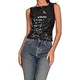 iTranyee Women Sexy Sequin Tank Top Y2k Sparkly Glitter Crew Neck Sleeveless Cami Shirt Shinny Slim Fit Vest for Club