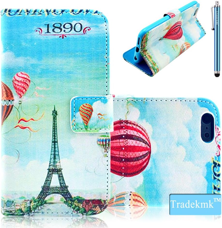 iphone 6S Plus Case,iphone 6 Plus Case, Tradekmk(TM) Fashion Red Hot Balloon Eiffel Tower Pattern Premium PU Leather Slim Fit Folio Magnet Wallet Stand Shell Cover Case with Card Holders Compatible with Apple iPhone 6 6S Plus(5.5)[+Stylus]