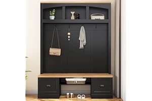 YOPTO 4-in-1 Hall Tree with Black Hooks and Shell Handles,Wooden Bench w/Adjustable Shelves,Multifunctional Coat Rack and Mudroom Bench,for Hallway, Living Room,Black