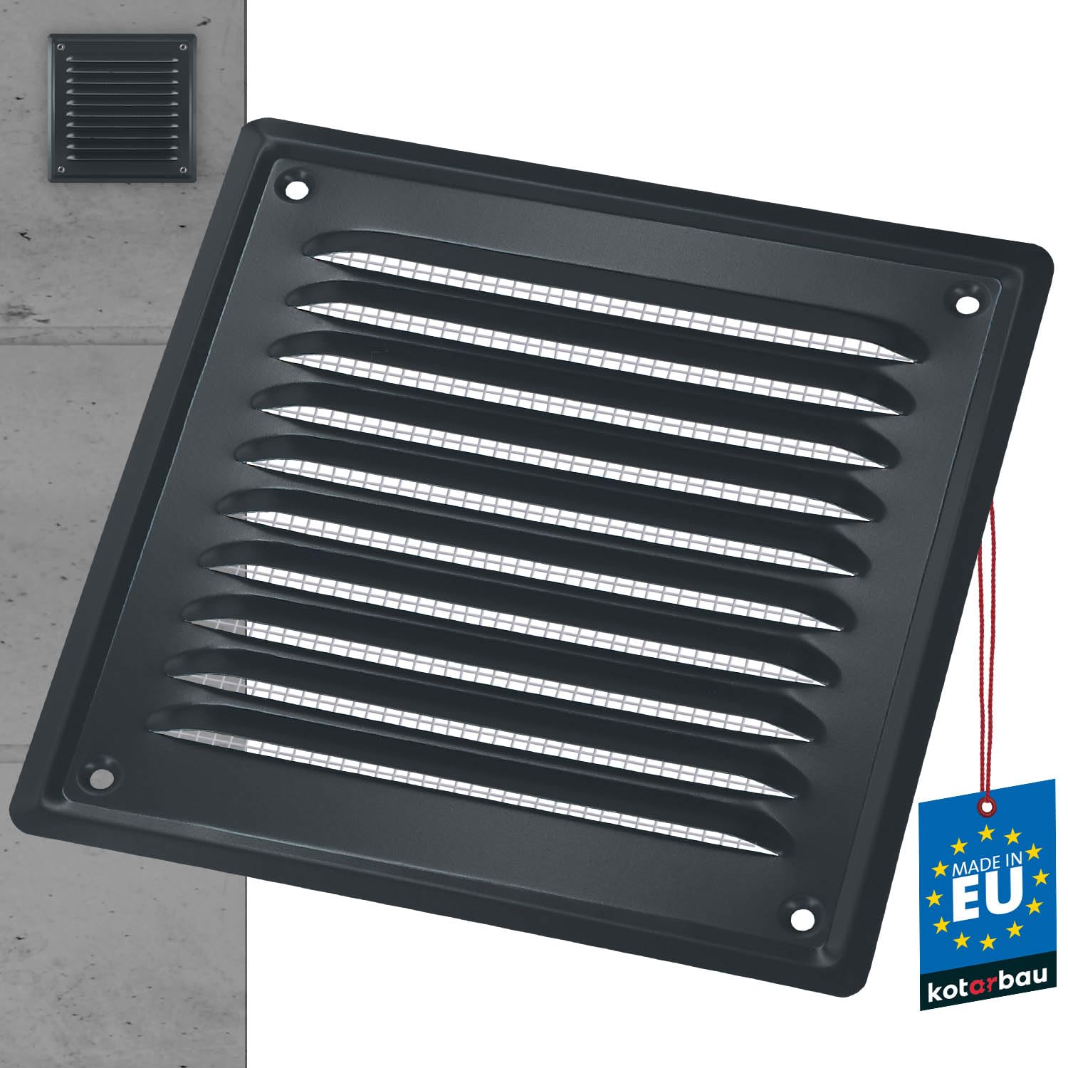 KOTARBAU® Vent Cover - Steel - 16.5x16.5 cm (6.5x6.5 inches) - Ash - Air Vent Grill - with Insect Screen - for Wall Ventilation - Corrosion Resistant