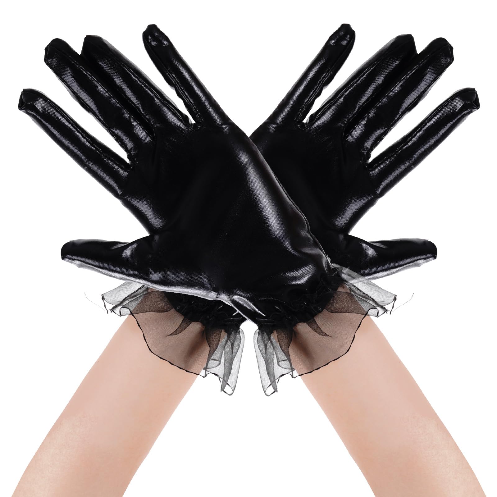 Photo 1 of Rbenxia Black Shiny Metallic Spandex Gloves - Faux Leather Cropped Short Mesh Edge Patent Leather Gloves for Halloween Cosplay Costume Party Favors