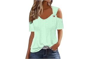 Binmer Women's Summer Short Sleeve Off Shoulder Tops Hollow Out Eyelet Lace Crochet Blouse Casual Ring Straps Tunic Shirts