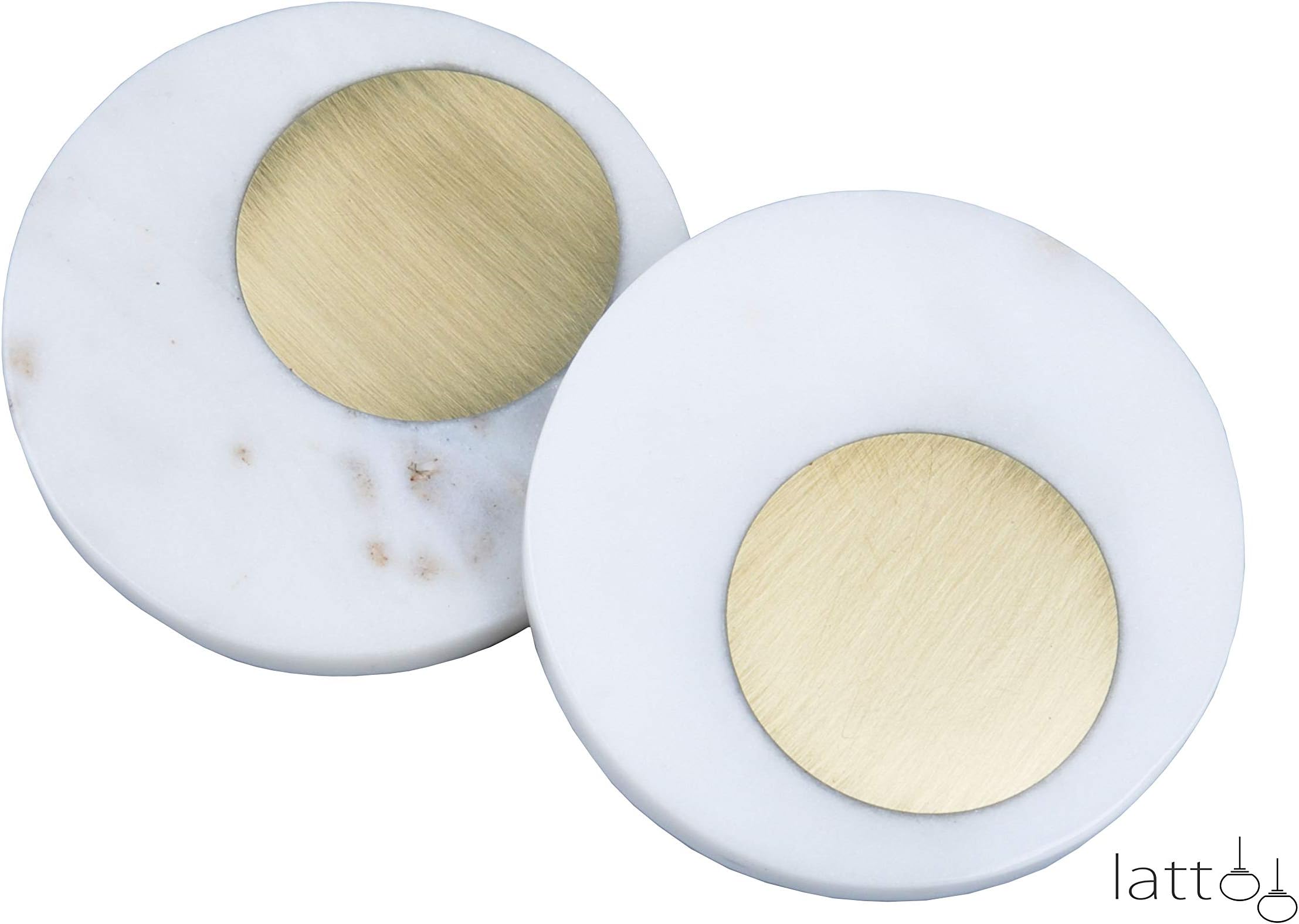 Lattoo Handmade White Marble and Brass Round Shape Set of 2 Tea Coaster for Home and Office