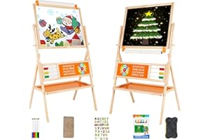 OMOTIYA 3-in-1 Wooden Easel for Kids, Toddle Double-Sided Easel with Magnetic Whiteboard and Painting Blackboard, 360° Rotatable, Paper-roll Holder, Storage Tray, and Stickers Included