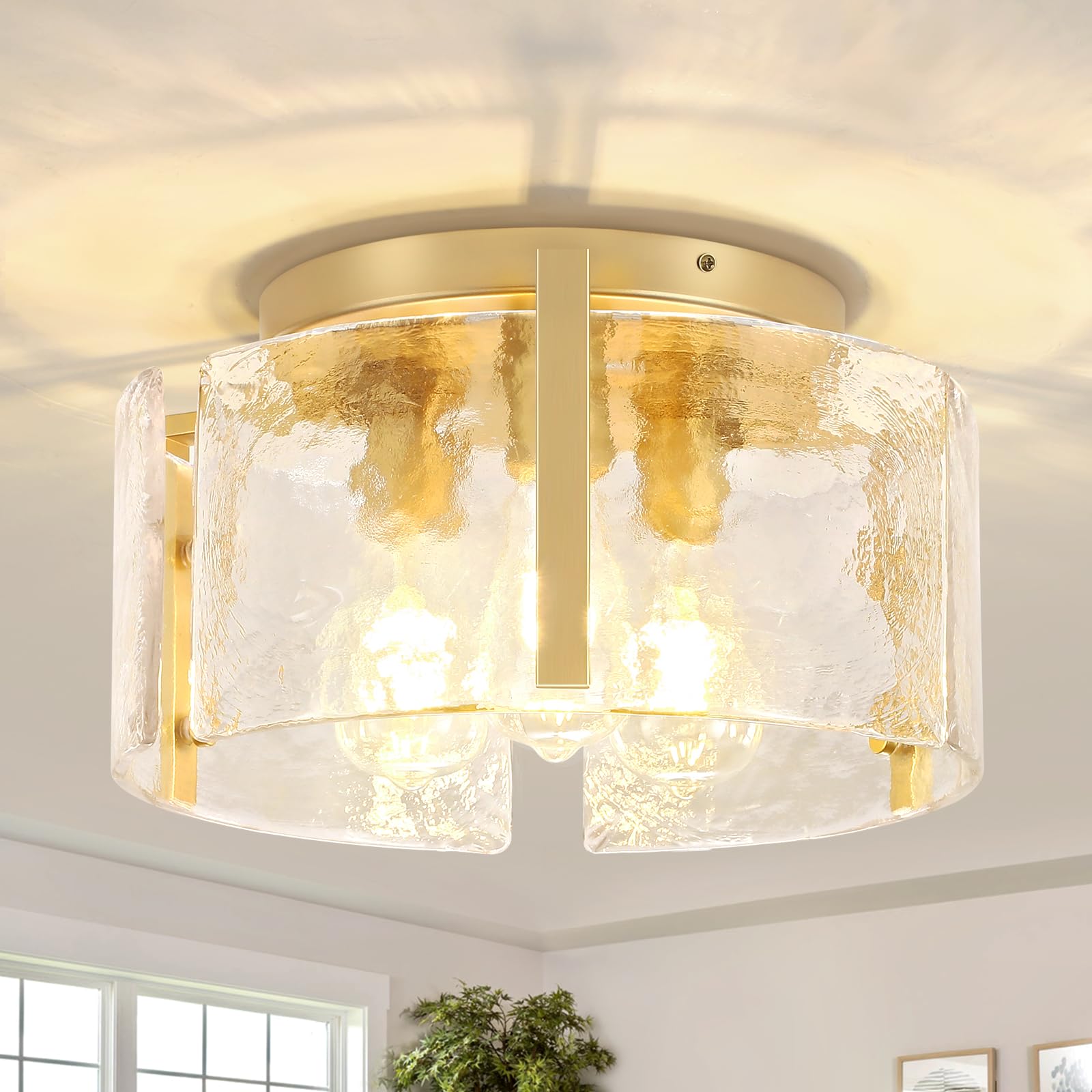 Photo 1 of 15'' Modern Gold Semi Flush Mount Ceiling Light, 3-Light Glass Drum Light Fixtures, Ceiling Lights for Hallway Entryway Foyer Bedroom Kitchen Dining Room Laundry Room Lighting Fixture, UL-Listed