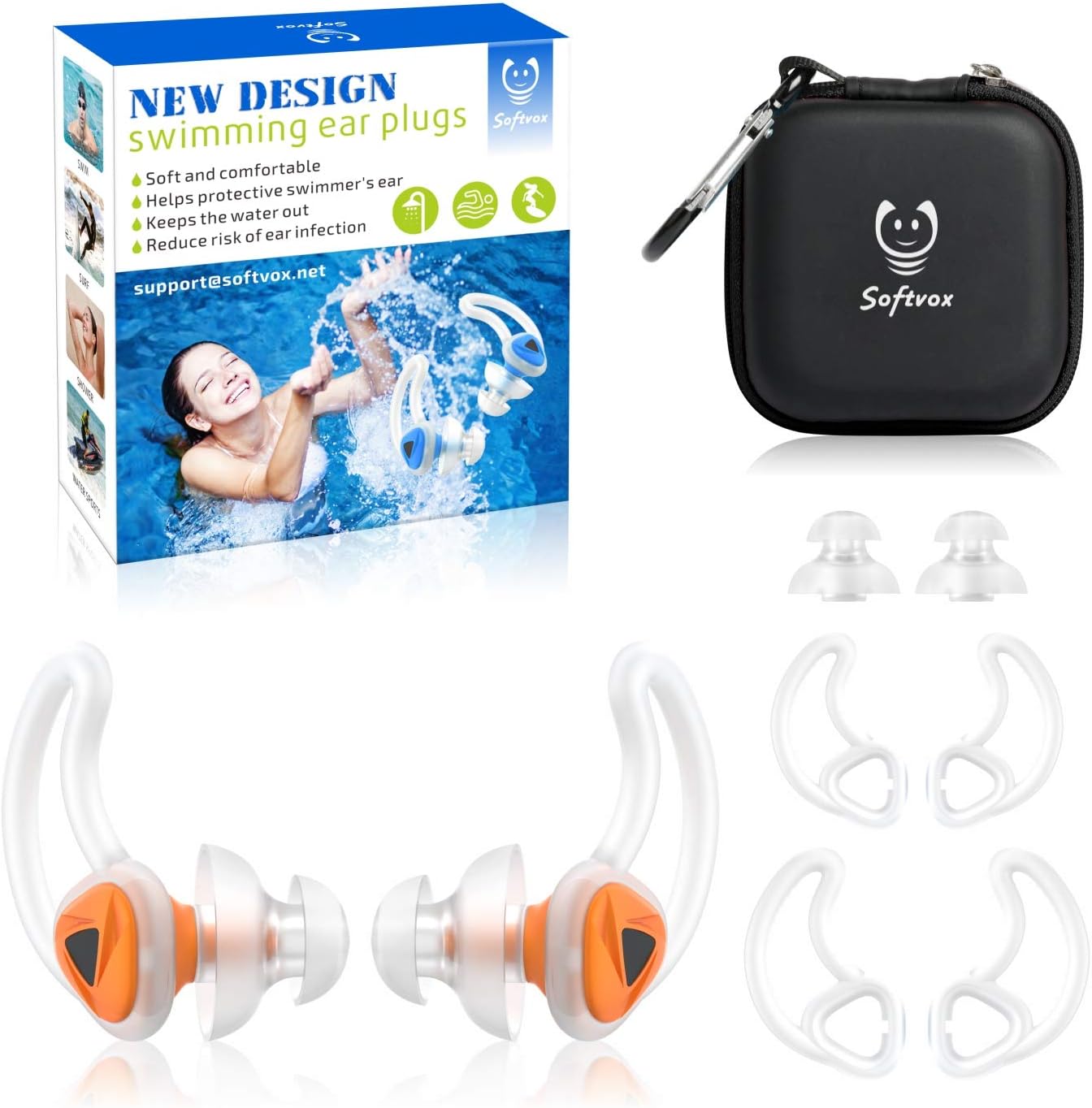 softvox Swimming Ear Plugs, New Upgrade Design Waterproof Reusable Silicone Swim Ear Plugs for Swimmer Showering Bathing Surfing Snorkeling and Other Water Sports (Orange) : Sports & Outdoors