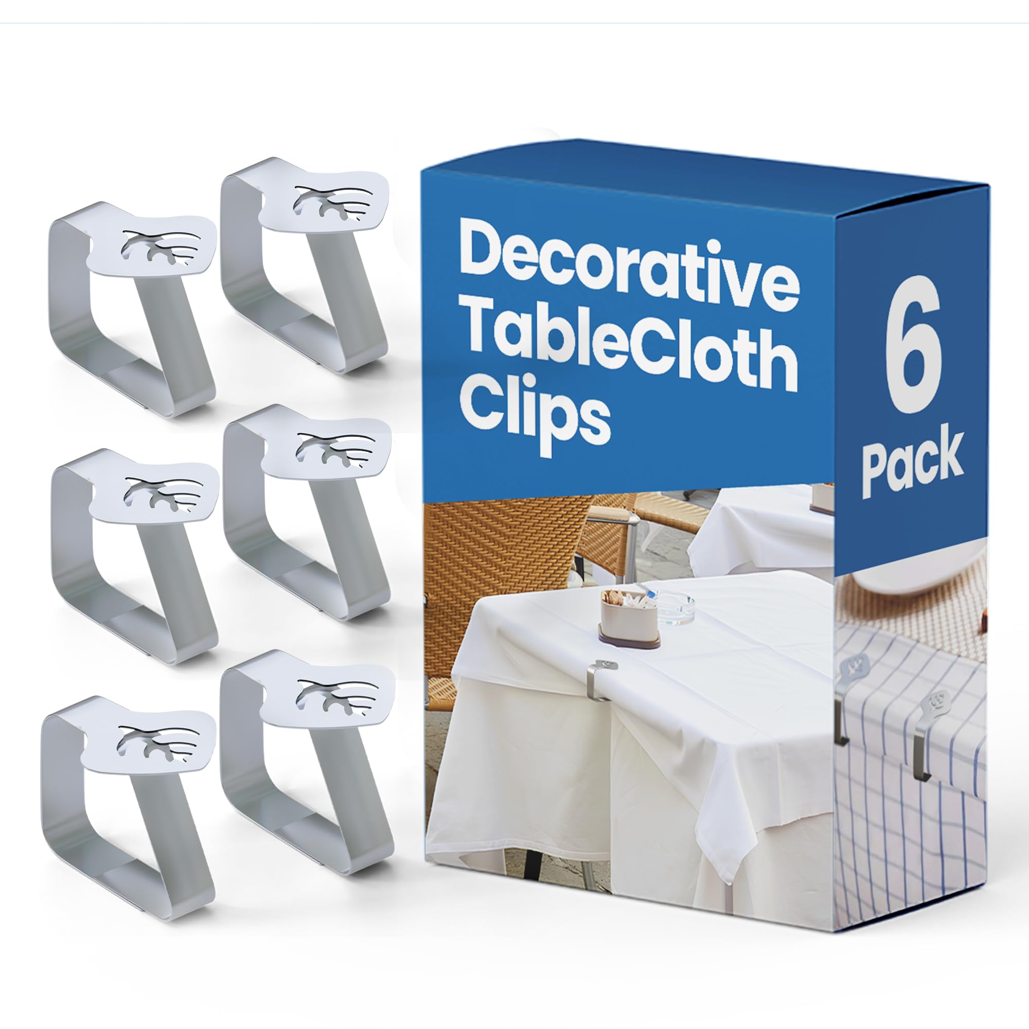 ProTensils 6Pcs Table Cloth Clips for Outside Table - Stainless Steel Tablecloth Clips, Fits for 1.9" Thick Outdoor Tables, Decorative Metal Clamps for Picnic Table Clips, Dining Table Cloth Holder