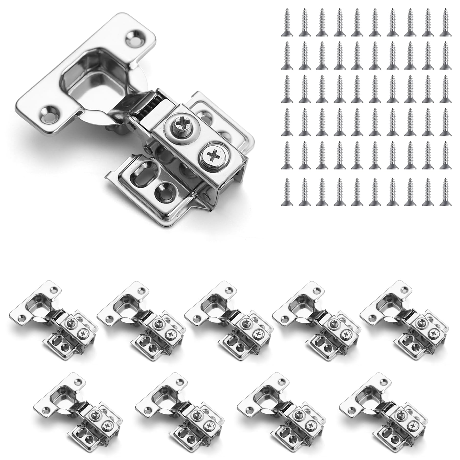 Kyraton Cabinet Hinges, 10 Pack (5 Pair) Stainless Steel Overlay Soft Close Hinges for Kitchen Cabinets, 1/2 inch Self Closing Door Hinges with Mounting Screws, Damper-3 Way Adjustability