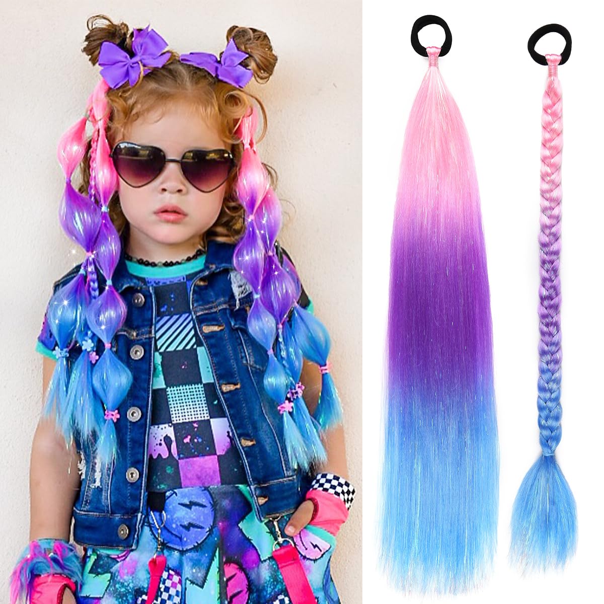 Rainbow Ponytail Extensions With Hair Tie 2 Packs 40g/Pack Coloured Hair Extensions for Braiding 18 inch Colorful Ombre Mermaid Pony Tail Synthetic Hair Extensions for Girl Women SS39 โ image 1