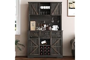 4 EVER WINNER 72" Coffee Bar Cabinet with Sliding Barn Door & Wine Racks, Hutch Cabinet with Storage and 3 Drawers, Farmhouse Coffee Bar with Wine Glass Holder for Dining Room Kitchen, Rustic Oak