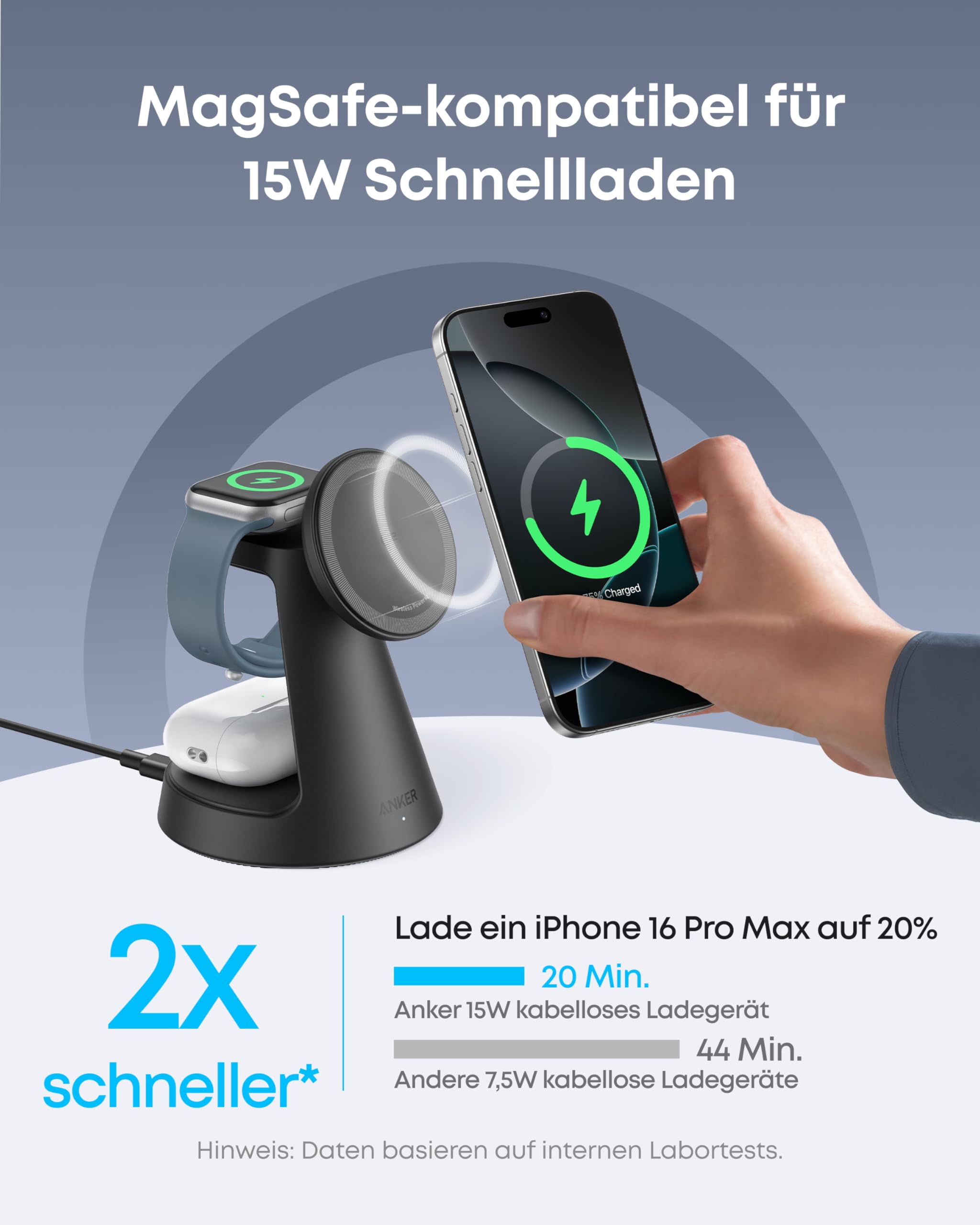 Anker MagGo 3-in-1 Ladestation Qi2 15W MagSafe kompatibel Ladegerät 3