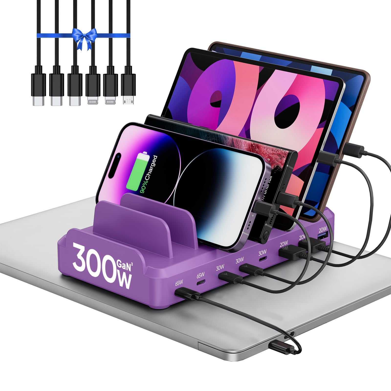 300W Charging Station for Multiple Devices, 8 Port Multi USB C Fast Charger Station Dock for MacBook iPhone 16/15/14/13/12 Samsung Pixel Series iPad, Purple (6 Mixed Short Cables Included) Image
