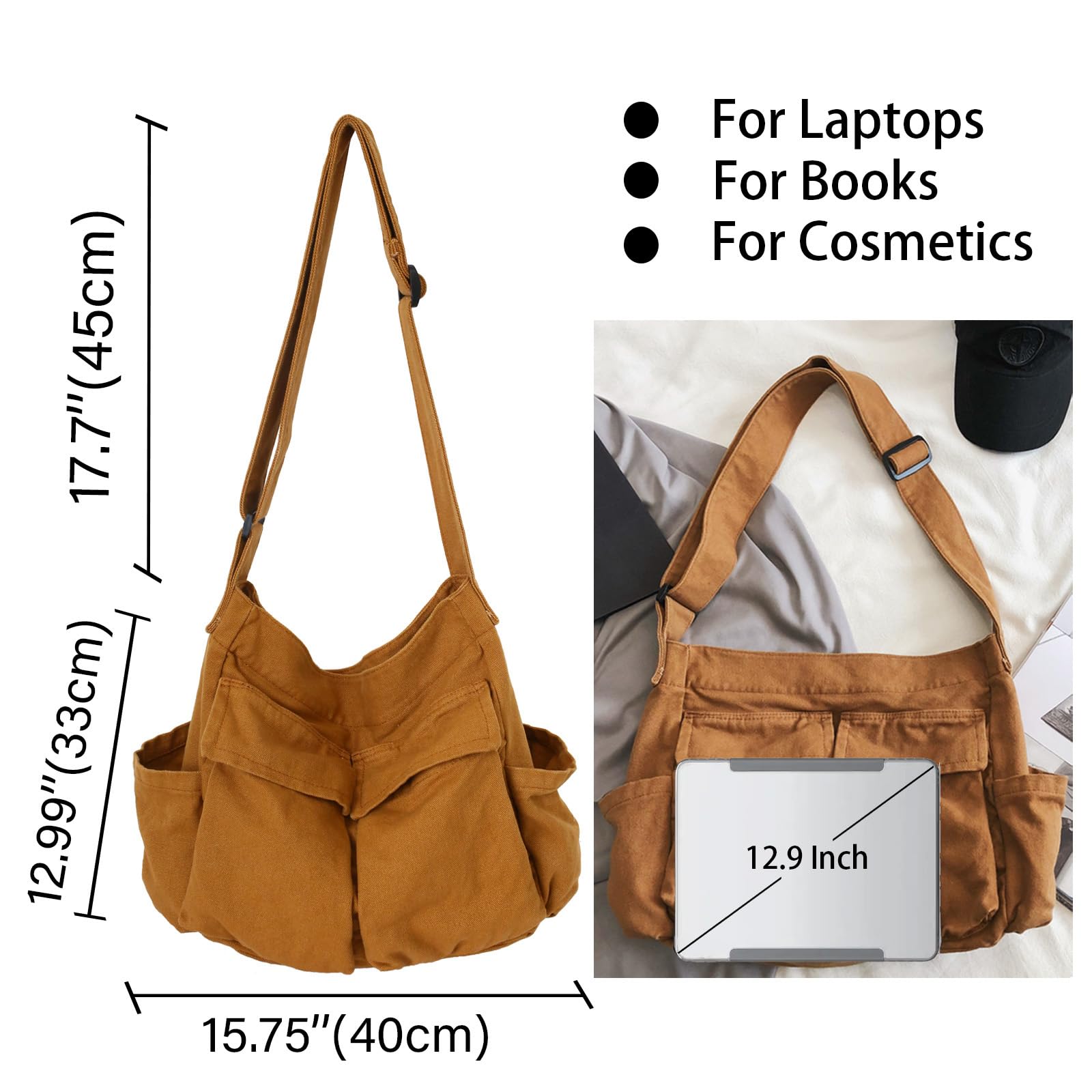 KlaOYer Canvas Messenger Bag Large Hobo Bag Crossbody Shoulder Bag Tote Bag with Pocket for Women and Men